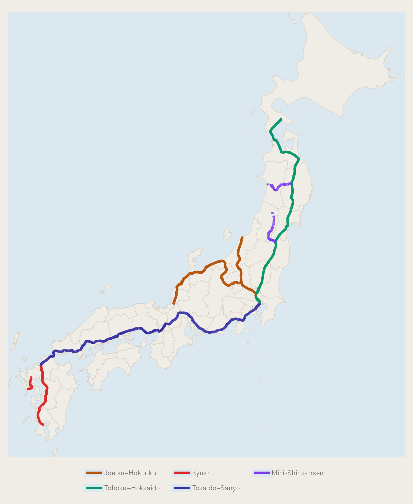 Japan shinkansen network by line